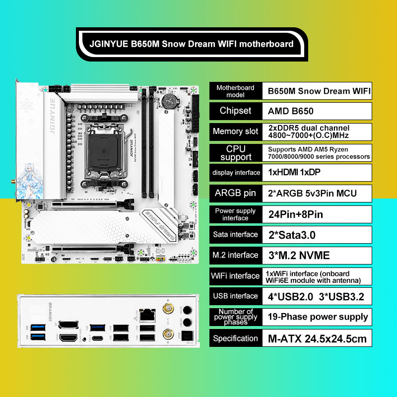 JGINYUE B650M Snow Dream WIFI  - Am5 Micro Atx Pcie 5.0 Motherboard 评论和价格